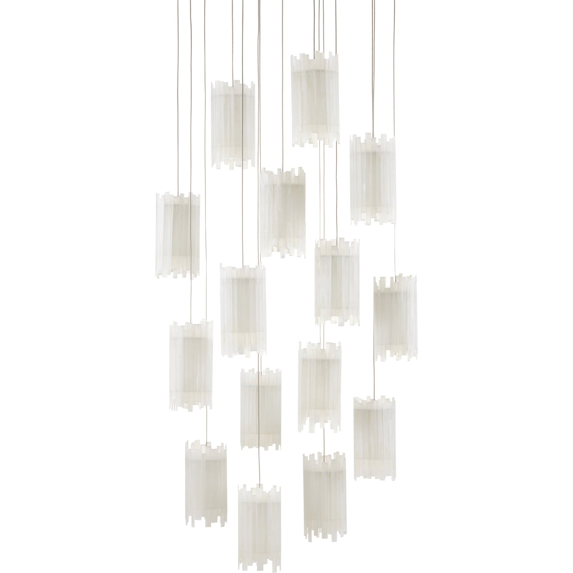 Escenia Round 15-Light Multi-Drop Pendant by Currey and Company in natural selenite, silver. Made from selenite, frosted glass in a transitional style.