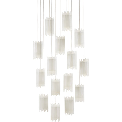 Escenia Round 15-Light Multi-Drop Pendant by Currey and Company in natural selenite, silver. Made from selenite, frosted glass in a transitional style.