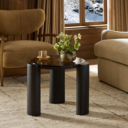 Rover Nesting Table by Four Hands in amber cast glass, black antique. Made from cast glass, aluminum in a unique style.
