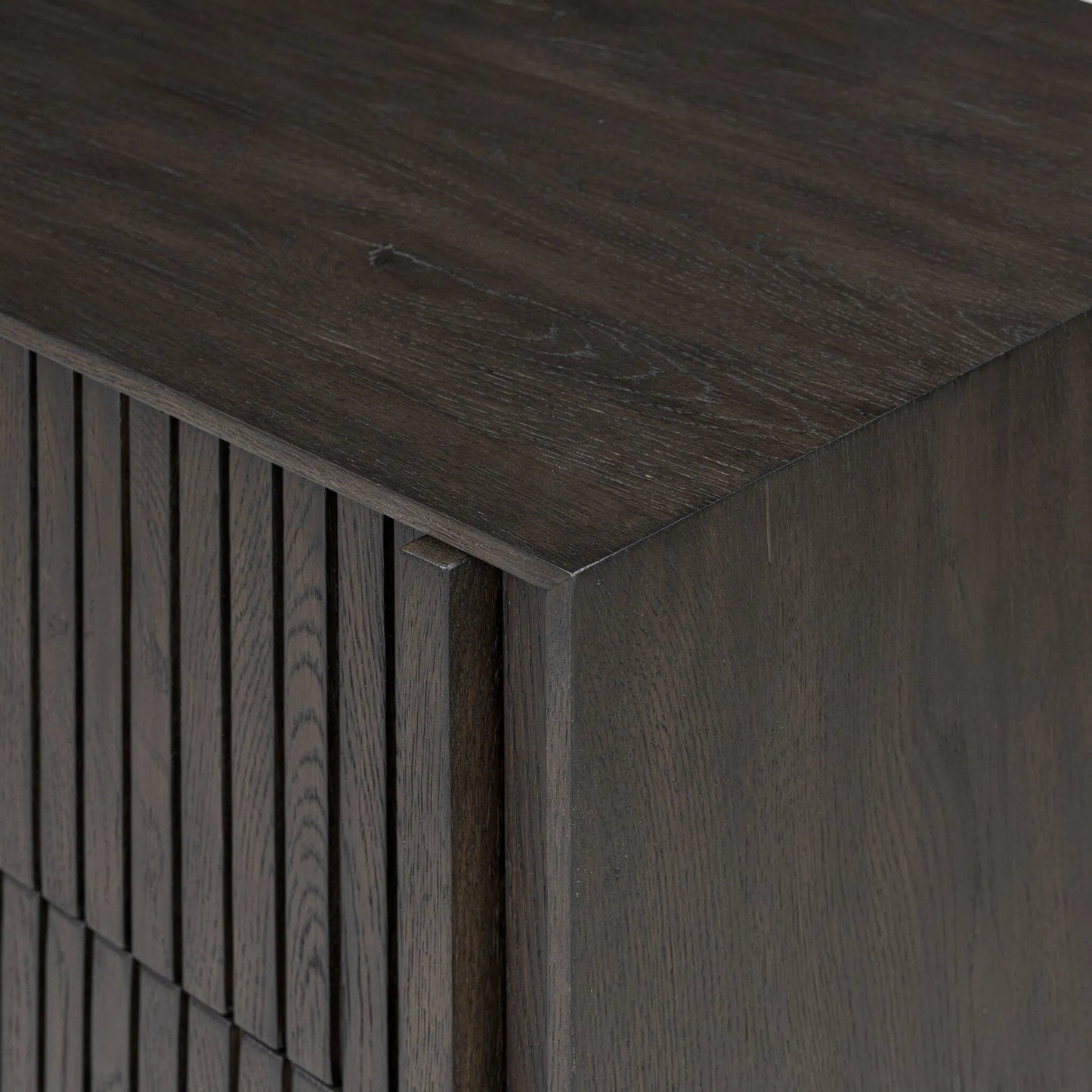 008 SI-2535198 | Closeup | Leo 5-Drawer Dresser by Four Hands in smoked black veneer. Made from thick oak veneer, solid oak in a unique style.
