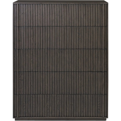 Leo 5-Drawer Dresser by Four Hands in smoked black veneer. Made from thick oak veneer, solid oak in a unique style.