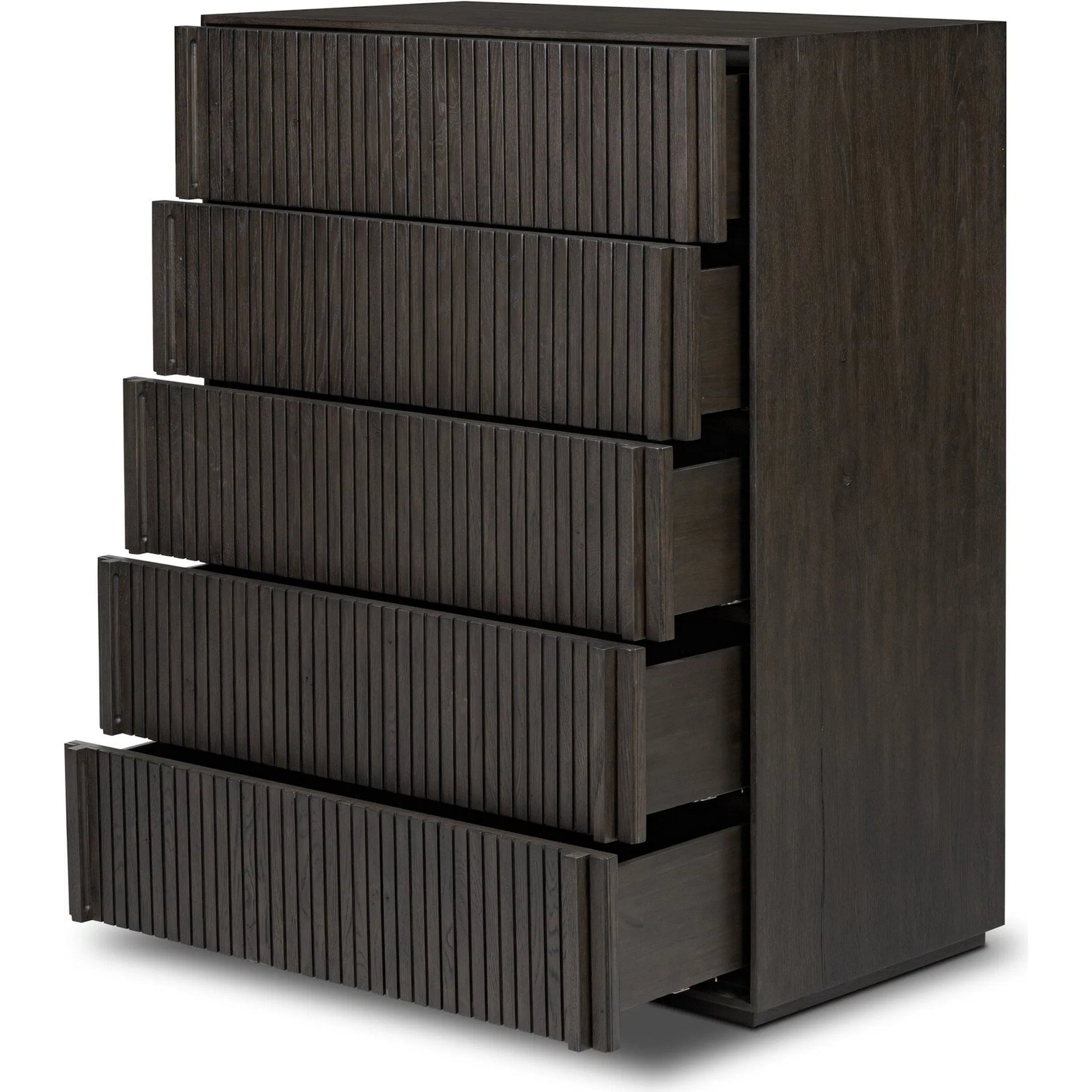 Leo 5-Drawer Dresser by Four Hands in smoked black veneer. Made from thick oak veneer, solid oak in a unique style.