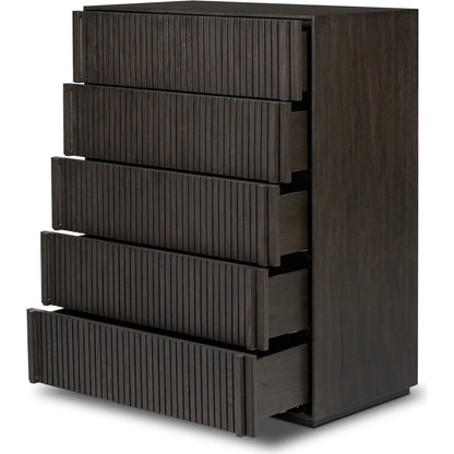 Leo 5-Drawer Dresser by Four Hands in smoked black veneer. Made from thick oak veneer, solid oak in a unique style.