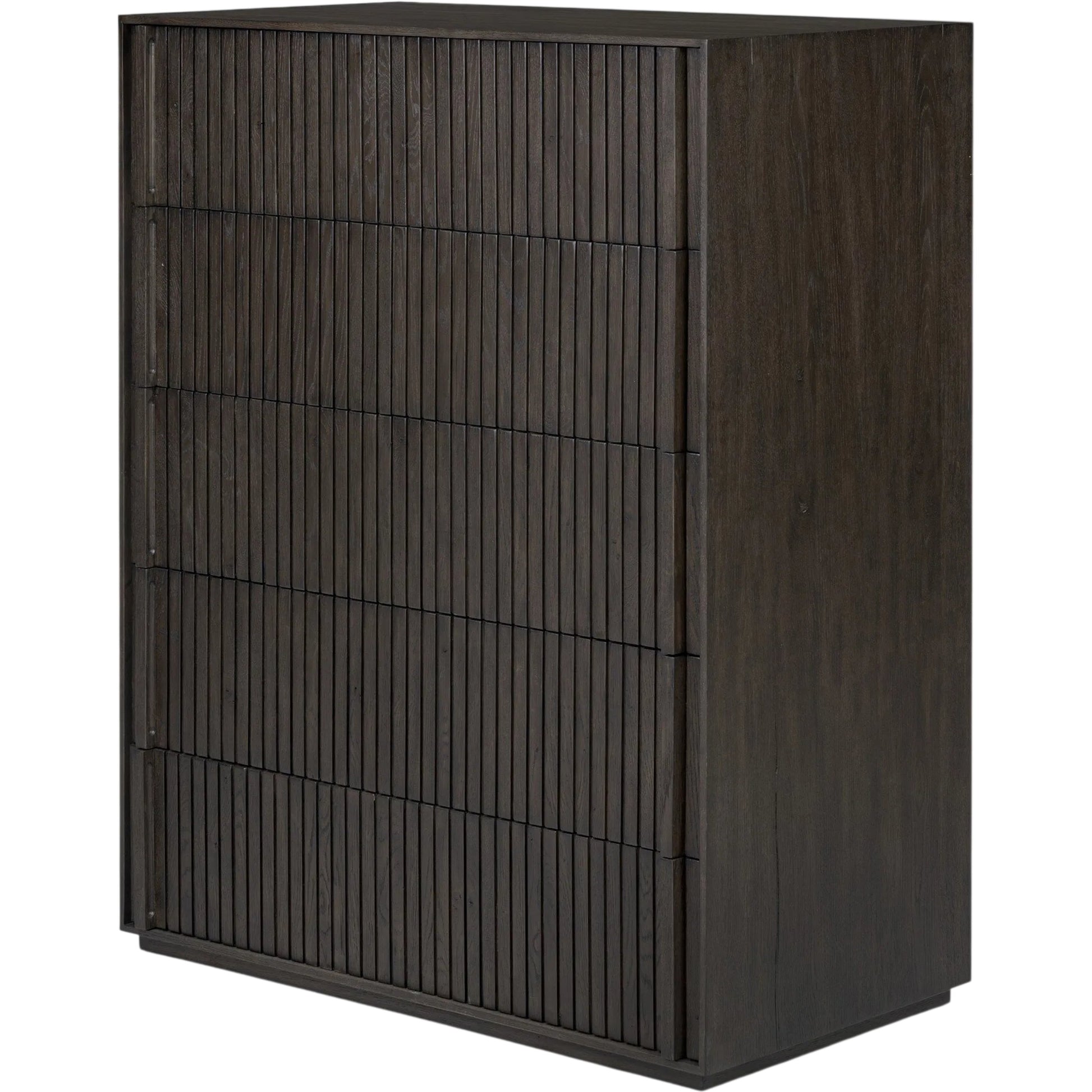 Leo 5-Drawer Dresser by Four Hands in smoked black veneer. Made from thick oak veneer, solid oak in a unique style.