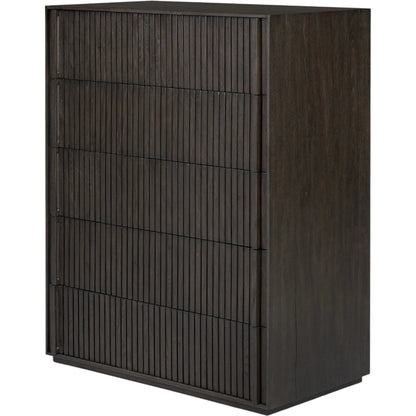 Leo 5-Drawer Dresser by Four Hands in smoked black veneer. Made from thick oak veneer, solid oak in a unique style.