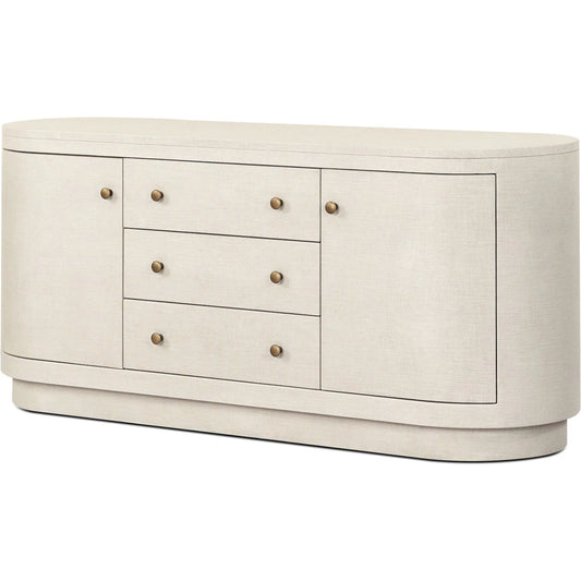 Amelia Media Console by Four Hands in light antique brass, ivory painted linen. Made from steel, painted linen in a unique style.