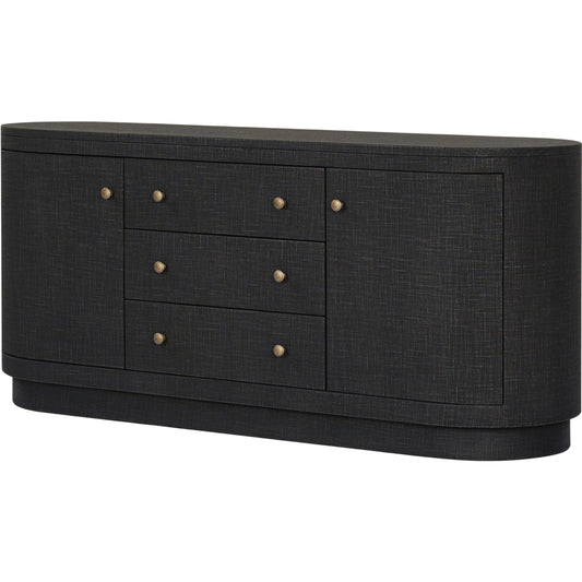 Amelia Media Console by Four Hands in light antique brass, black mahogany, black lacquer. Made from steel, solid mahogany, mahogany veneer in a transitional style.