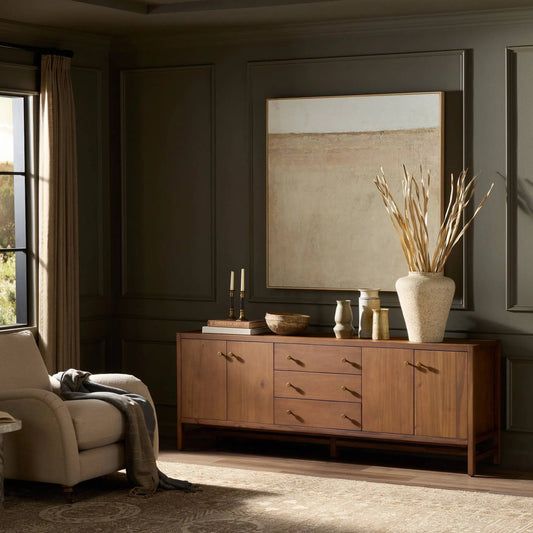 Sullivan Media Console by Four Hands in saddle tan veneer. Made from acacia veneer, solid acacia in a unique style.