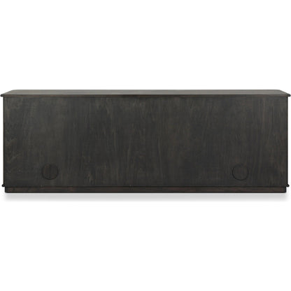 Ona Media Console by Four Hands in smoked black mindi, smoked black mindi veneer. Made from solid mindi, mindi veneer in a transitional style.