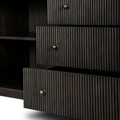 Ona Media Console by Four Hands in smoked black mindi, smoked black mindi veneer. Made from solid mindi, mindi veneer in a transitional style.