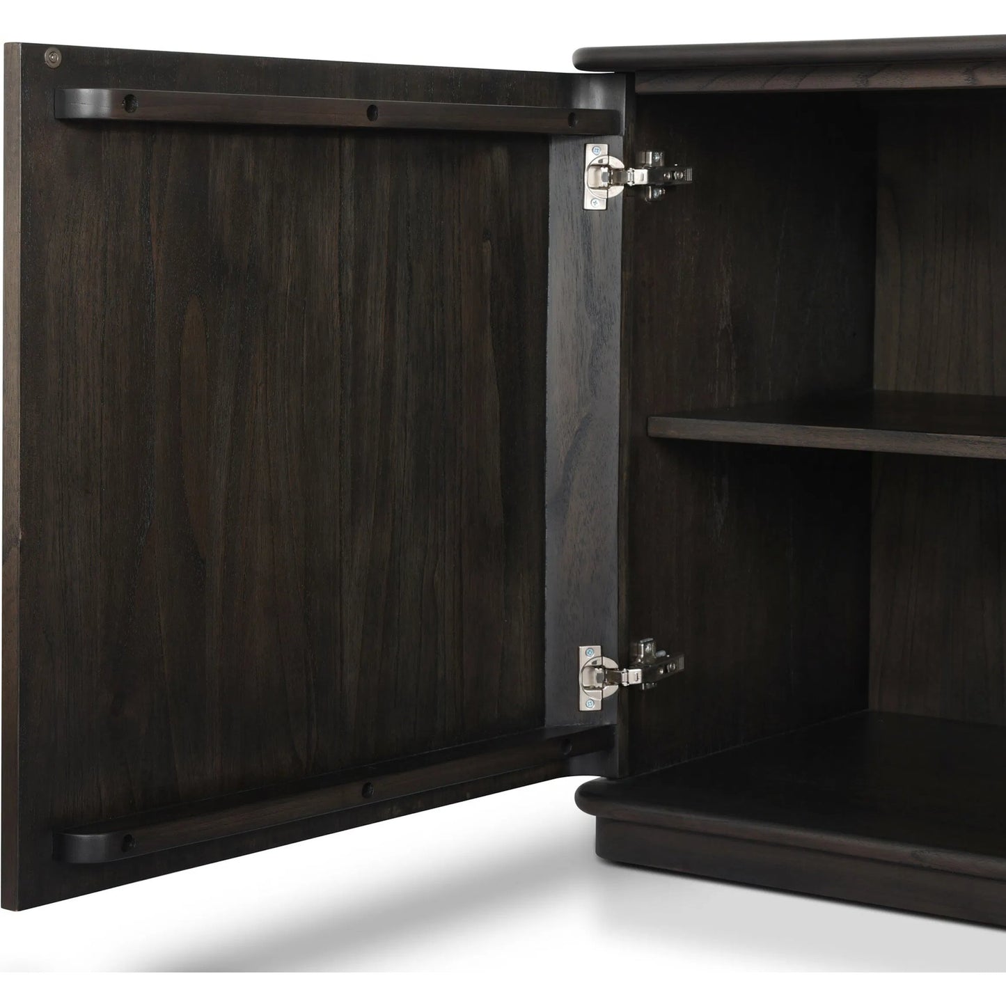 018 SI-2635234 | Closeup | Ona Media Console by Four Hands in smoked black mindi, smoked black mindi veneer. Made from solid mindi, mindi veneer in a transitional style.