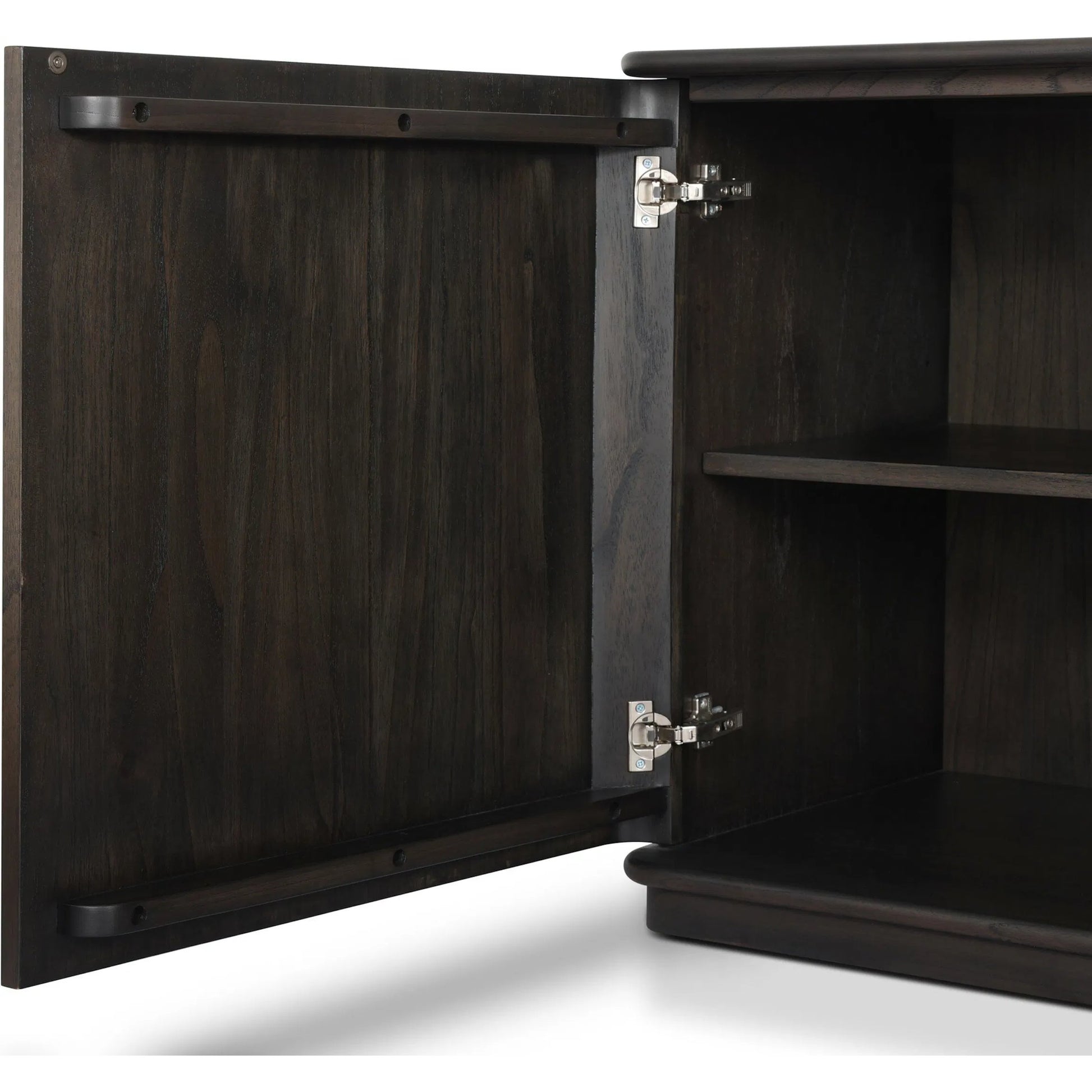 Ona Media Console by Four Hands in smoked black mindi, smoked black mindi veneer. Made from solid mindi, mindi veneer in a transitional style.
