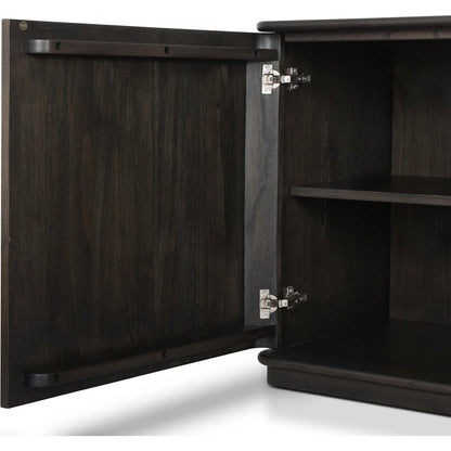 Ona Media Console by Four Hands in smoked black mindi, smoked black mindi veneer. Made from solid mindi, mindi veneer in a transitional style.