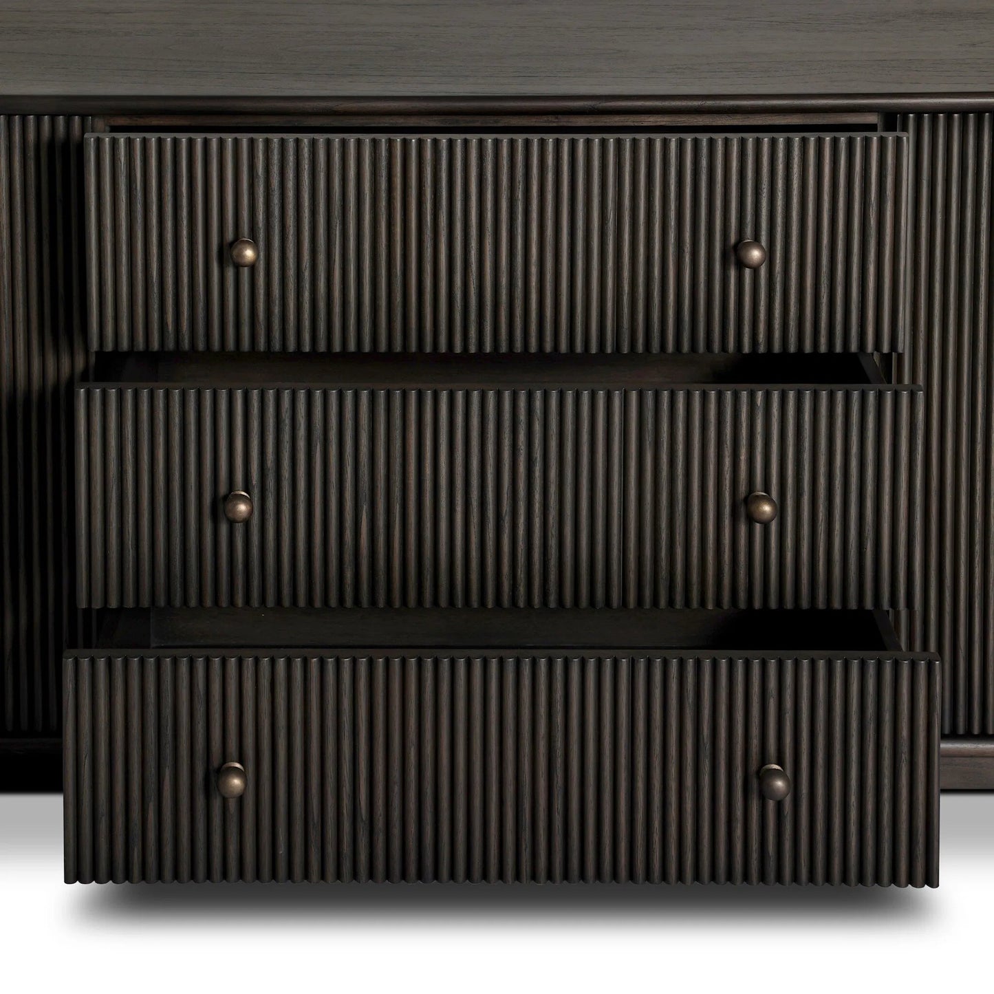 020 SI-2635234 | Closeup | Ona Media Console by Four Hands in smoked black mindi, smoked black mindi veneer. Made from solid mindi, mindi veneer in a transitional style.