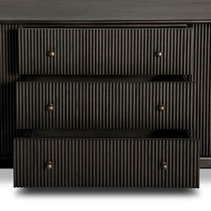 Ona Media Console by Four Hands in smoked black mindi, smoked black mindi veneer. Made from solid mindi, mindi veneer in a transitional style.