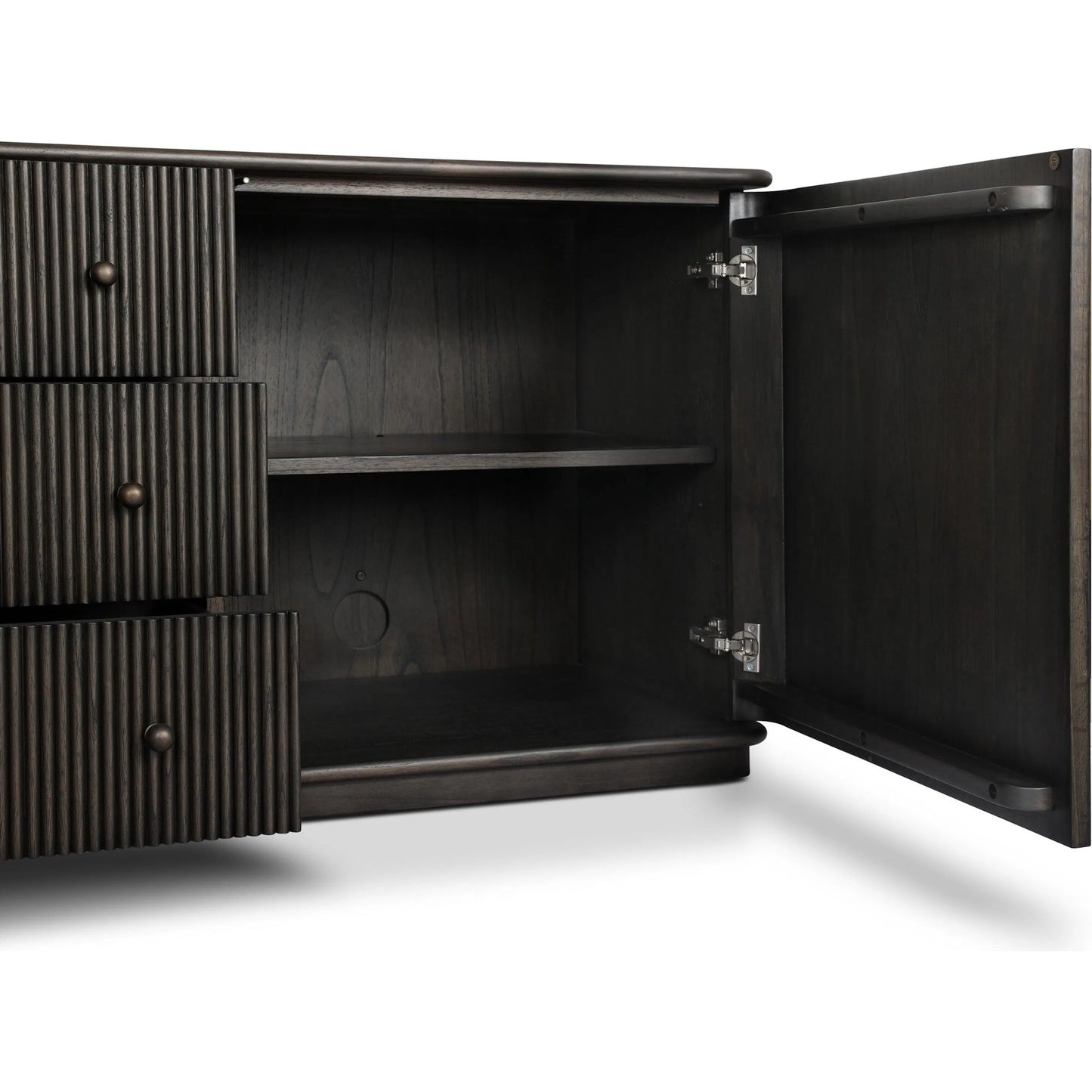 021 SI-2635234 | Closeup | Ona Media Console by Four Hands in smoked black mindi, smoked black mindi veneer. Made from solid mindi, mindi veneer in a transitional style.