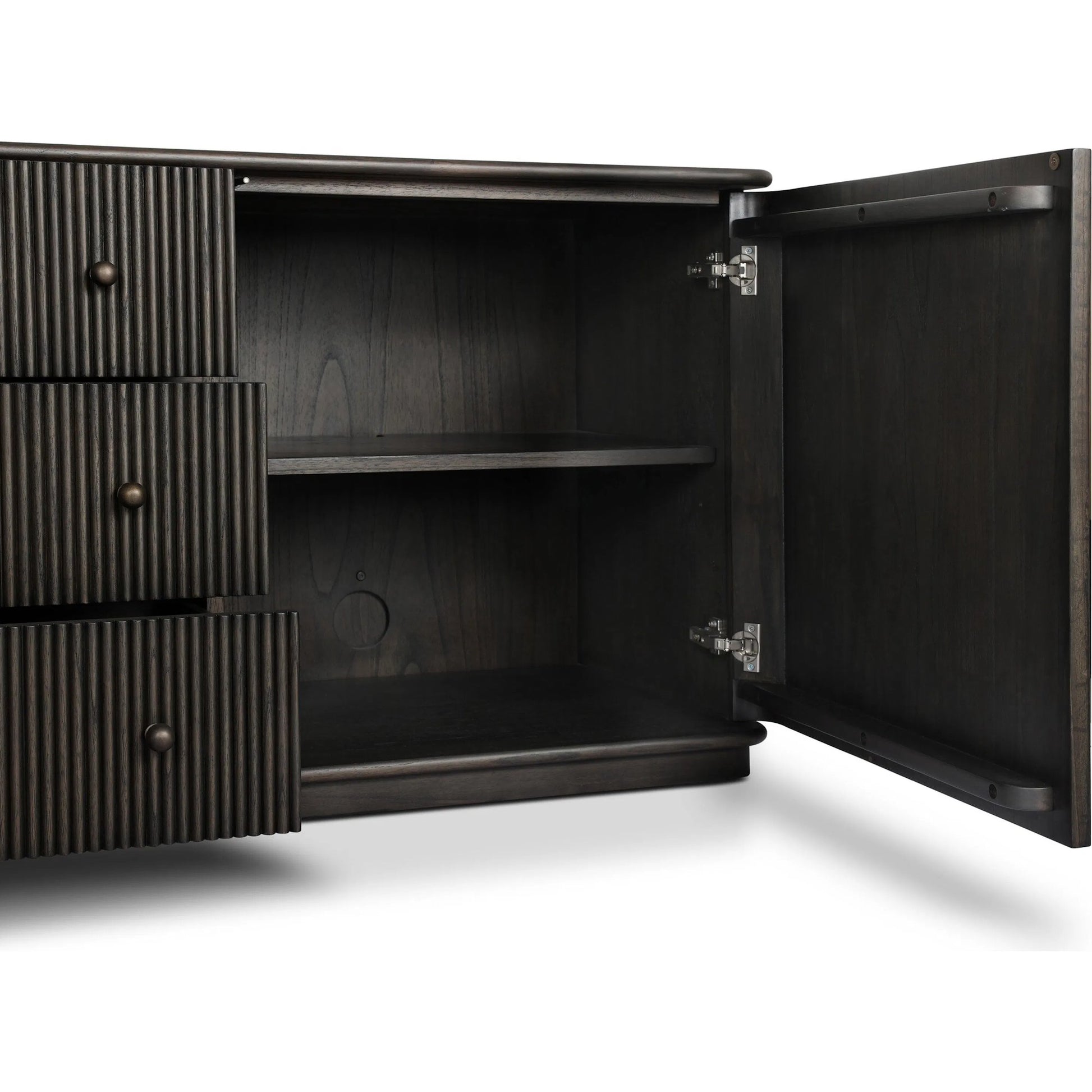 Ona Media Console by Four Hands in smoked black mindi, smoked black mindi veneer. Made from solid mindi, mindi veneer in a transitional style.