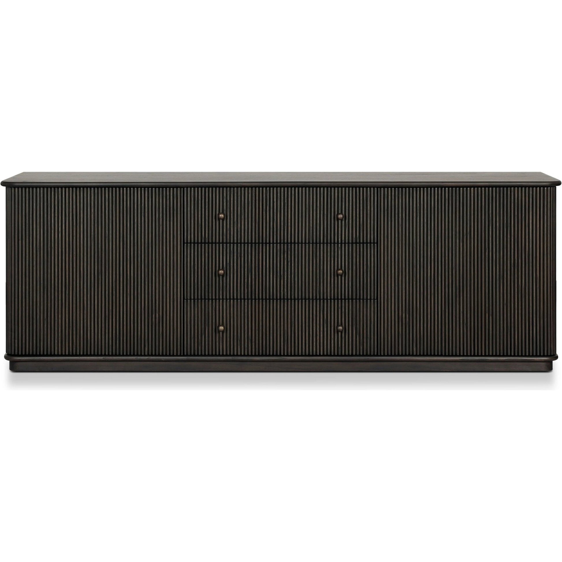 Ona Media Console by Four Hands in smoked black mindi, smoked black mindi veneer. Made from solid mindi, mindi veneer in a transitional style.