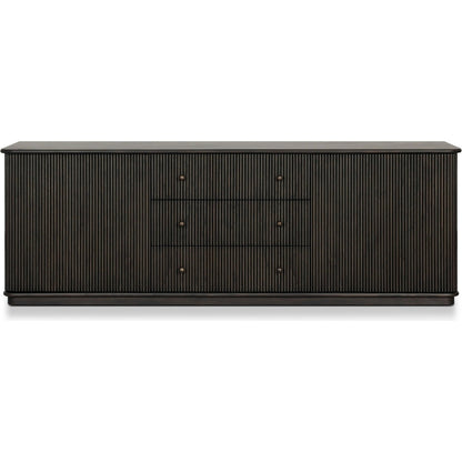 Ona Media Console by Four Hands in smoked black mindi, smoked black mindi veneer. Made from solid mindi, mindi veneer in a transitional style.