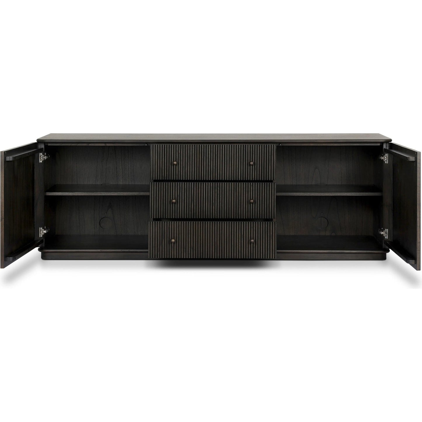 019 SI-2635234 | Closeup | Ona Media Console by Four Hands in smoked black mindi, smoked black mindi veneer. Made from solid mindi, mindi veneer in a transitional style.