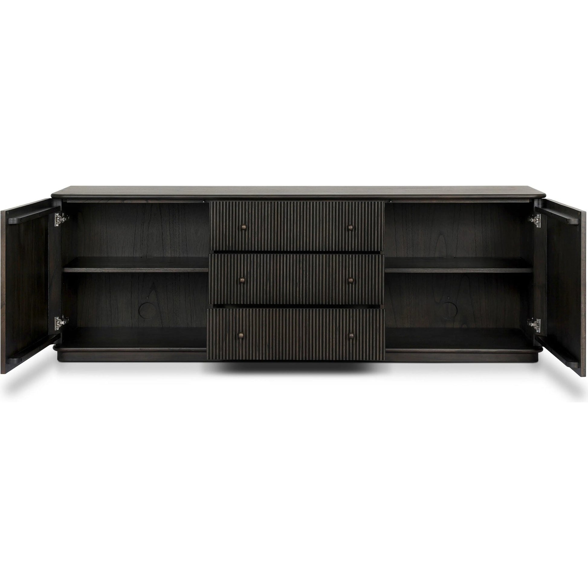 Ona Media Console by Four Hands in smoked black mindi, smoked black mindi veneer. Made from solid mindi, mindi veneer in a transitional style.