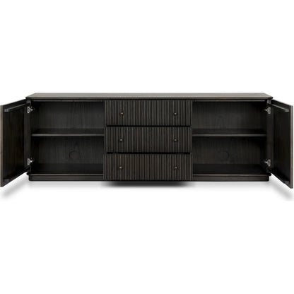 Ona Media Console by Four Hands in smoked black mindi, smoked black mindi veneer. Made from solid mindi, mindi veneer in a transitional style.