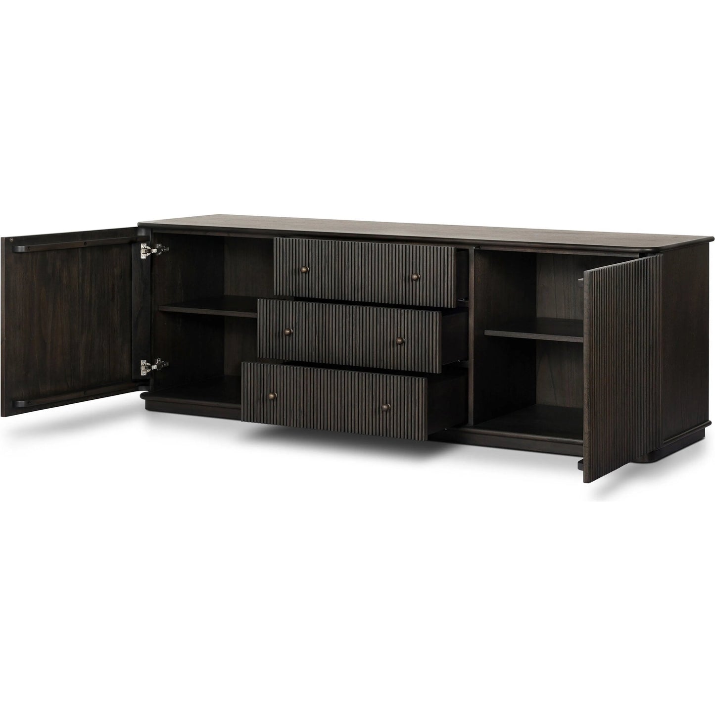 023 SI-2635234 | Closeup | Ona Media Console by Four Hands in smoked black mindi, smoked black mindi veneer. Made from solid mindi, mindi veneer in a transitional style.