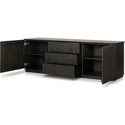 Ona Media Console by Four Hands in smoked black mindi, smoked black mindi veneer. Made from solid mindi, mindi veneer in a transitional style.