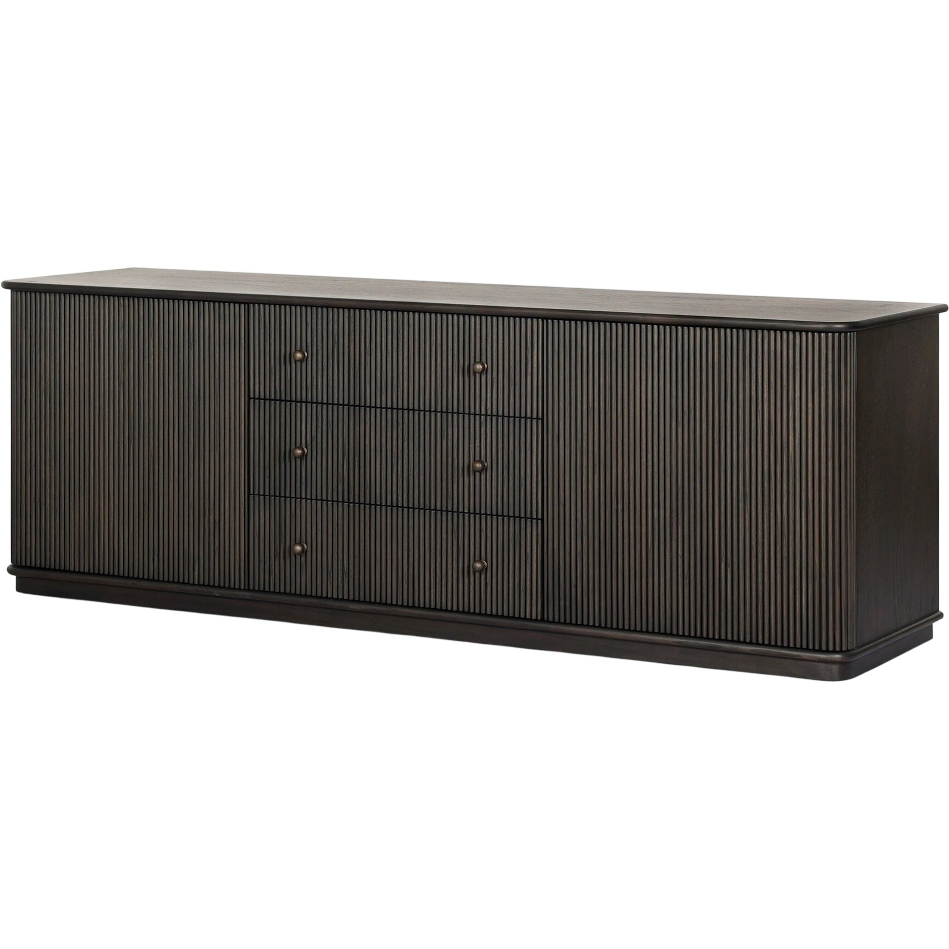 Ona Media Console by Four Hands in smoked black mindi, smoked black mindi veneer. Made from solid mindi, mindi veneer in a transitional style.