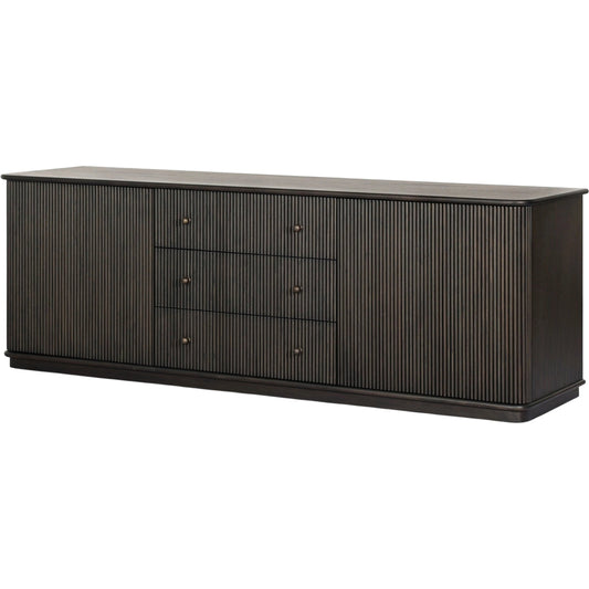 Ona Media Console by Four Hands in smoked black mindi, smoked black mindi veneer. Made from solid mindi, mindi veneer in a transitional style.