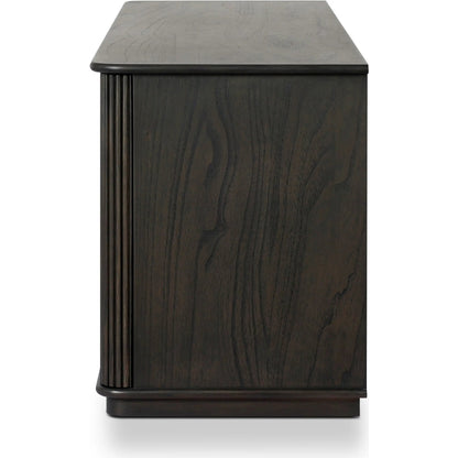 Ona Media Console by Four Hands in smoked black mindi, smoked black mindi veneer. Made from solid mindi, mindi veneer in a transitional style.