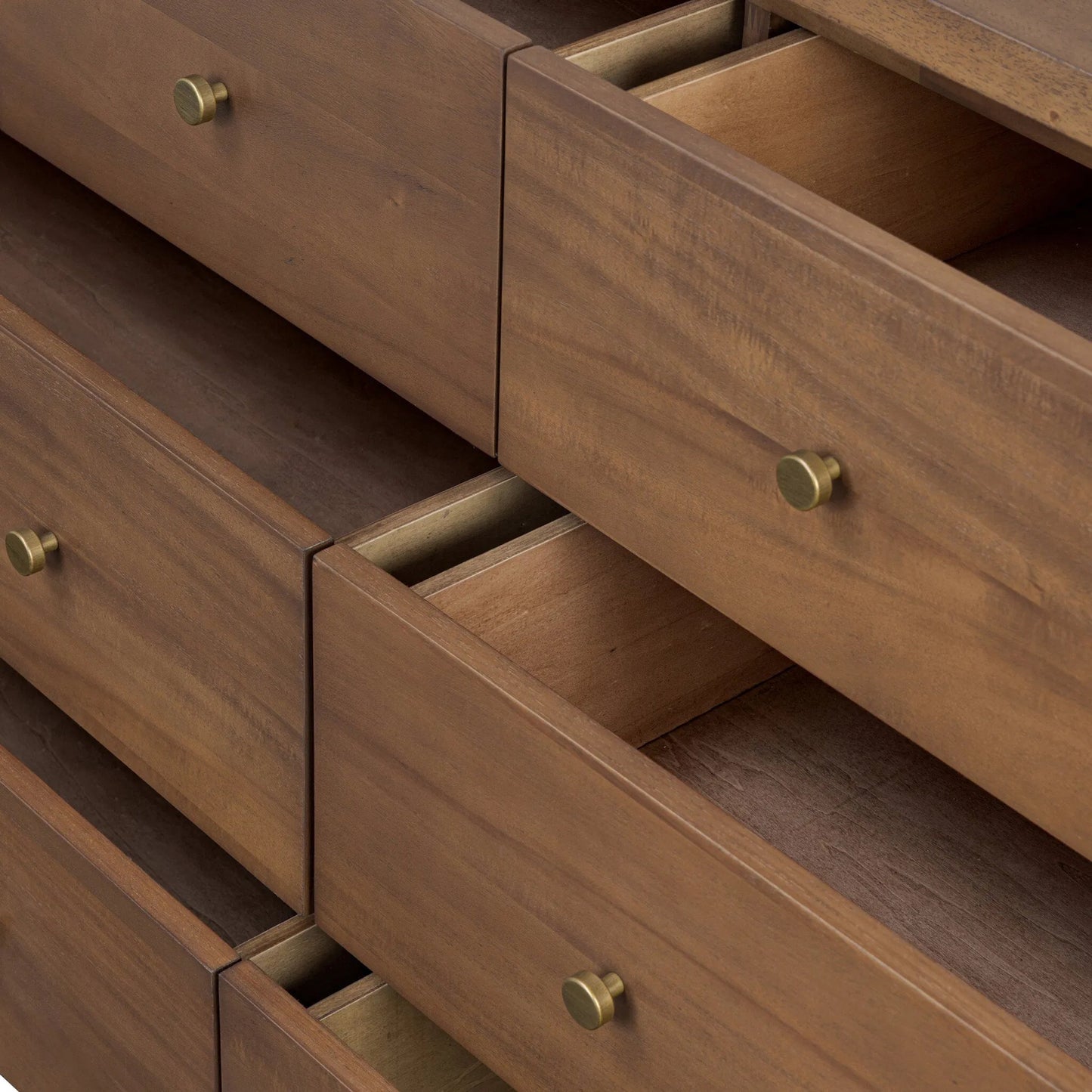 014 SI-2531705 | Closeup | Sullivan 8 Drawer Dresser by Four Hands in saddle tan veneer. Made from acacia veneer, solid acacia in a unique style.