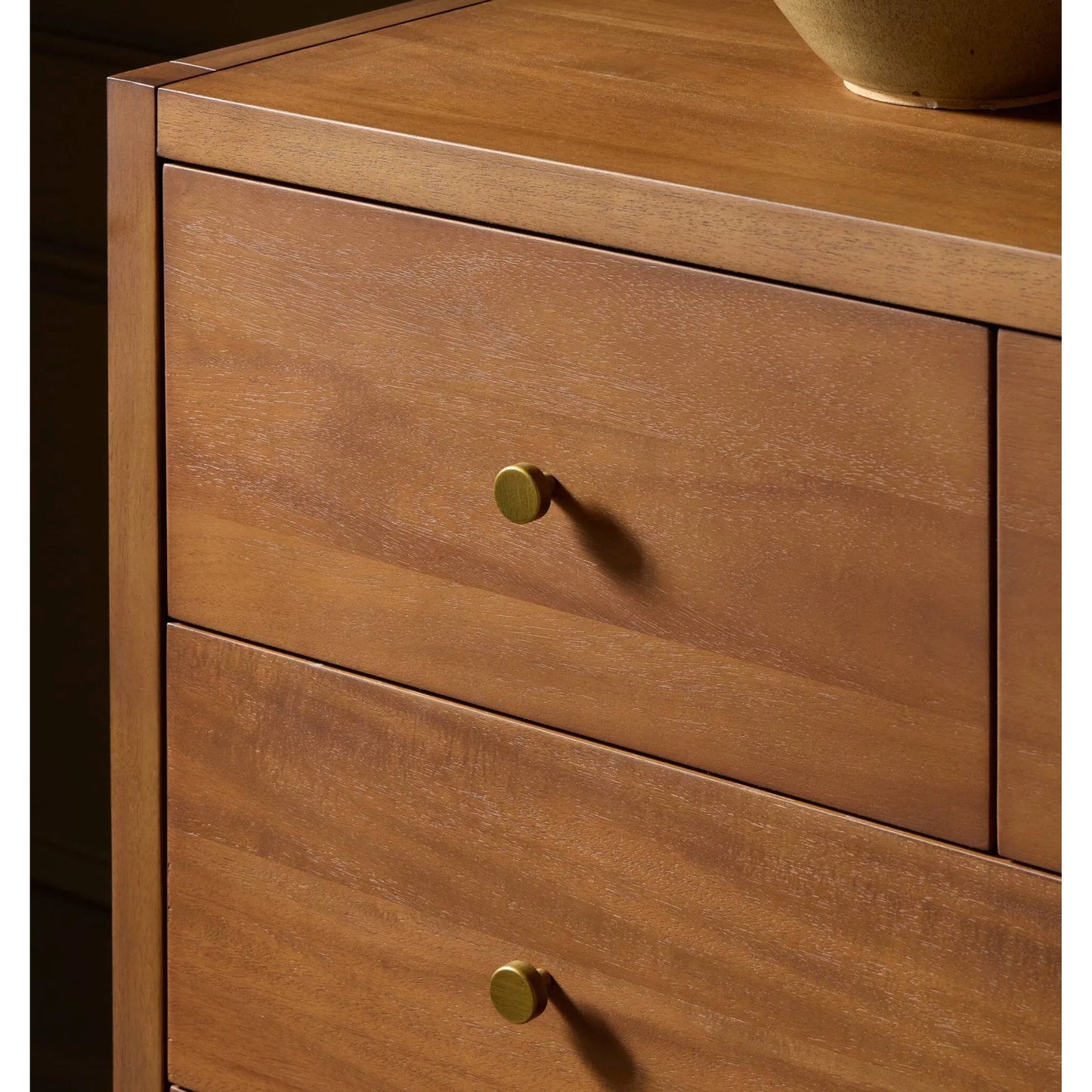 015 SI-2531705 | Closeup | Sullivan 8 Drawer Dresser by Four Hands in saddle tan veneer. Made from acacia veneer, solid acacia in a unique style.