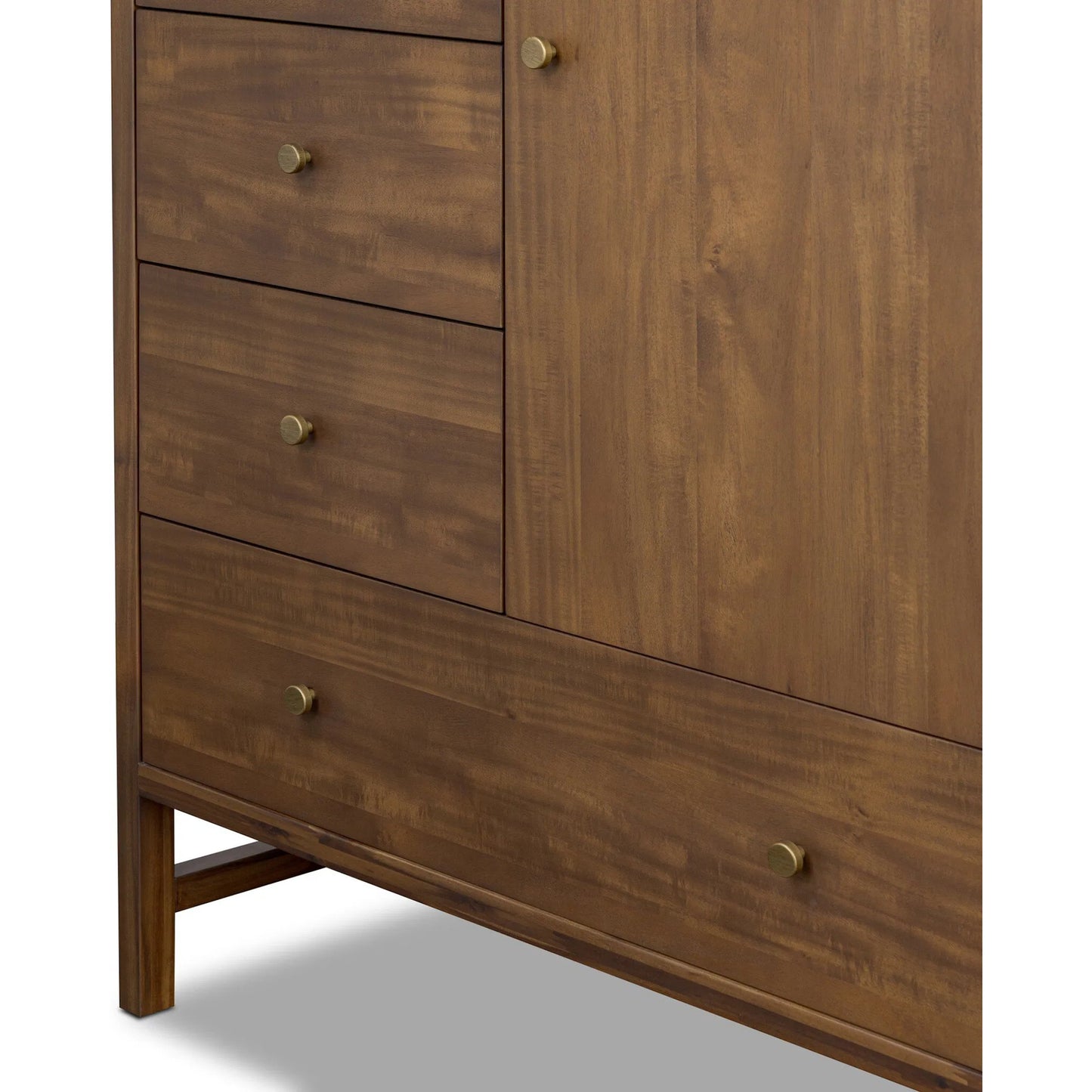 013 SI-2535372 | Closeup | Sullivan Chest by Four Hands in saddle tan veneer. Made from acacia veneer, solid acacia in a unique style.