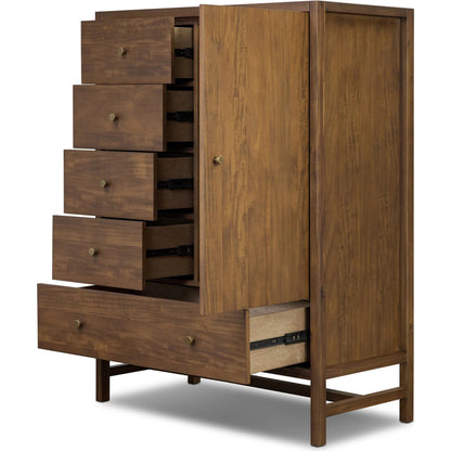 Sullivan Chest by Four Hands in saddle tan veneer. Made from acacia veneer, solid acacia in a unique style.