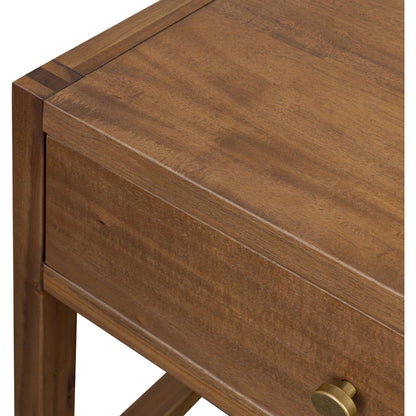 Sullivan Small Nightstand by Four Hands in saddle tan veneer. Made from acacia veneer, solid acacia in a unique style.