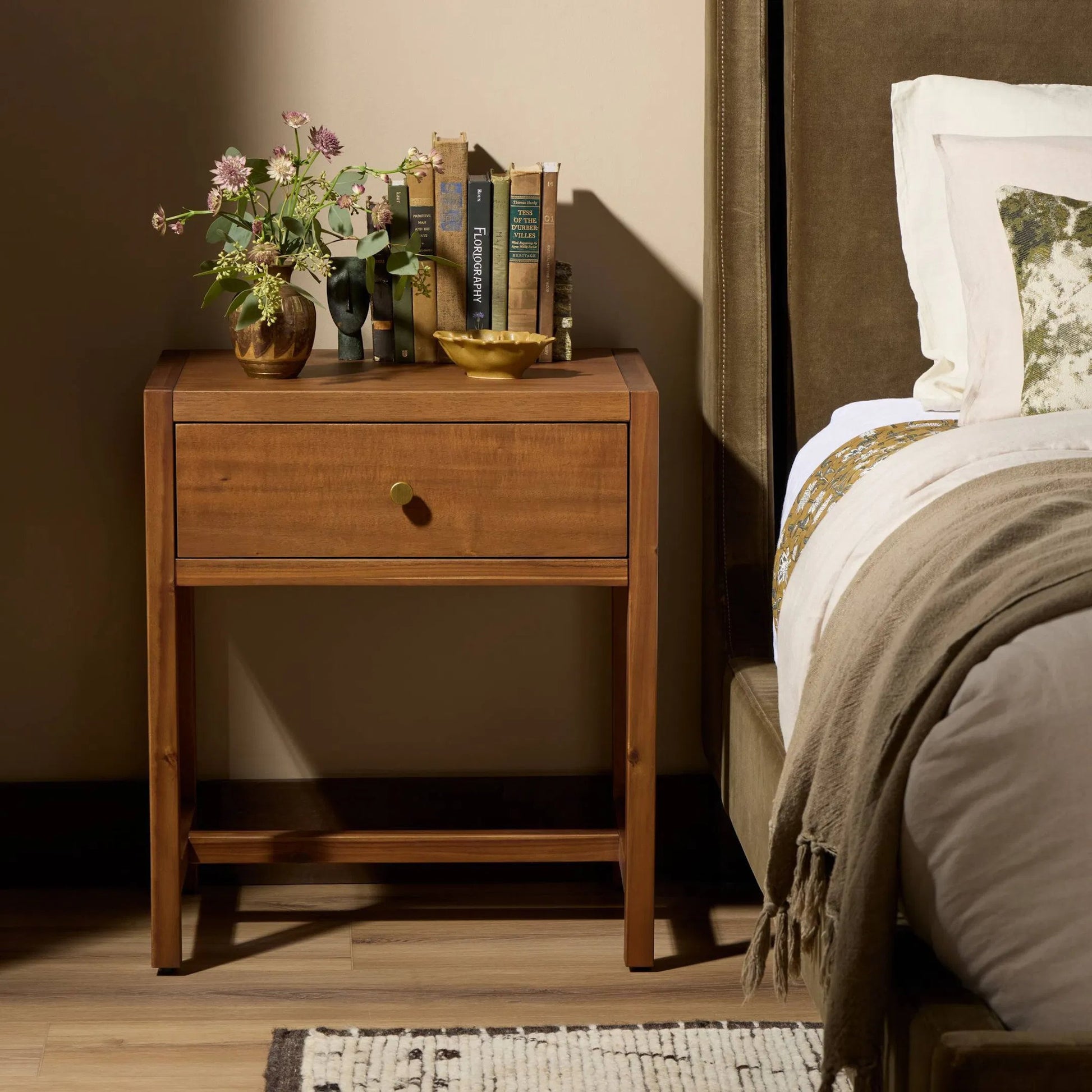 Sullivan Small Nightstand by Four Hands in saddle tan veneer. Made from acacia veneer, solid acacia in a unique style.