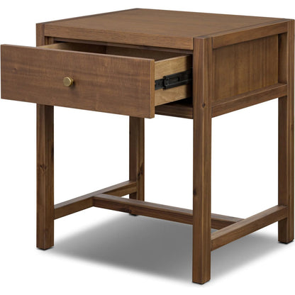 Sullivan Small Nightstand by Four Hands in saddle tan veneer. Made from acacia veneer, solid acacia in a unique style.