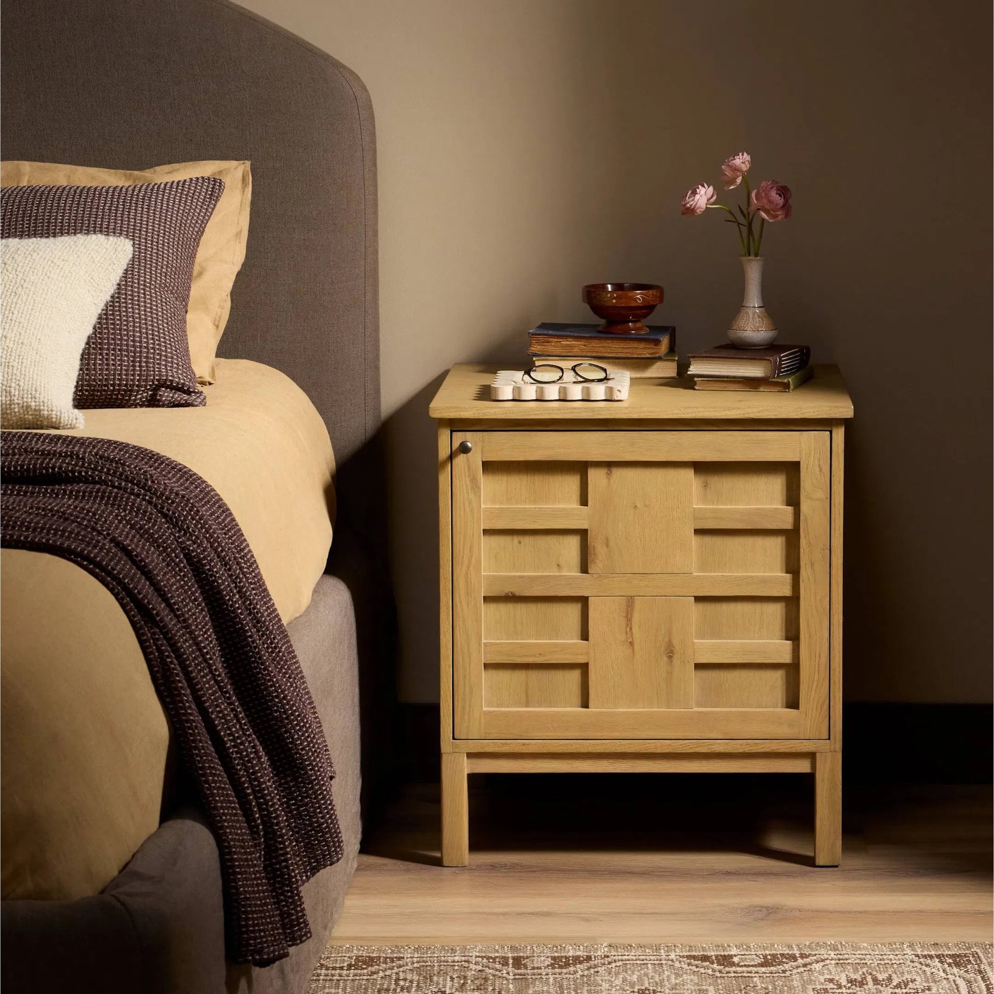 Alessio Nightstand by Four Hands. Made from solid oak, thick oak veneer in a transitional style.