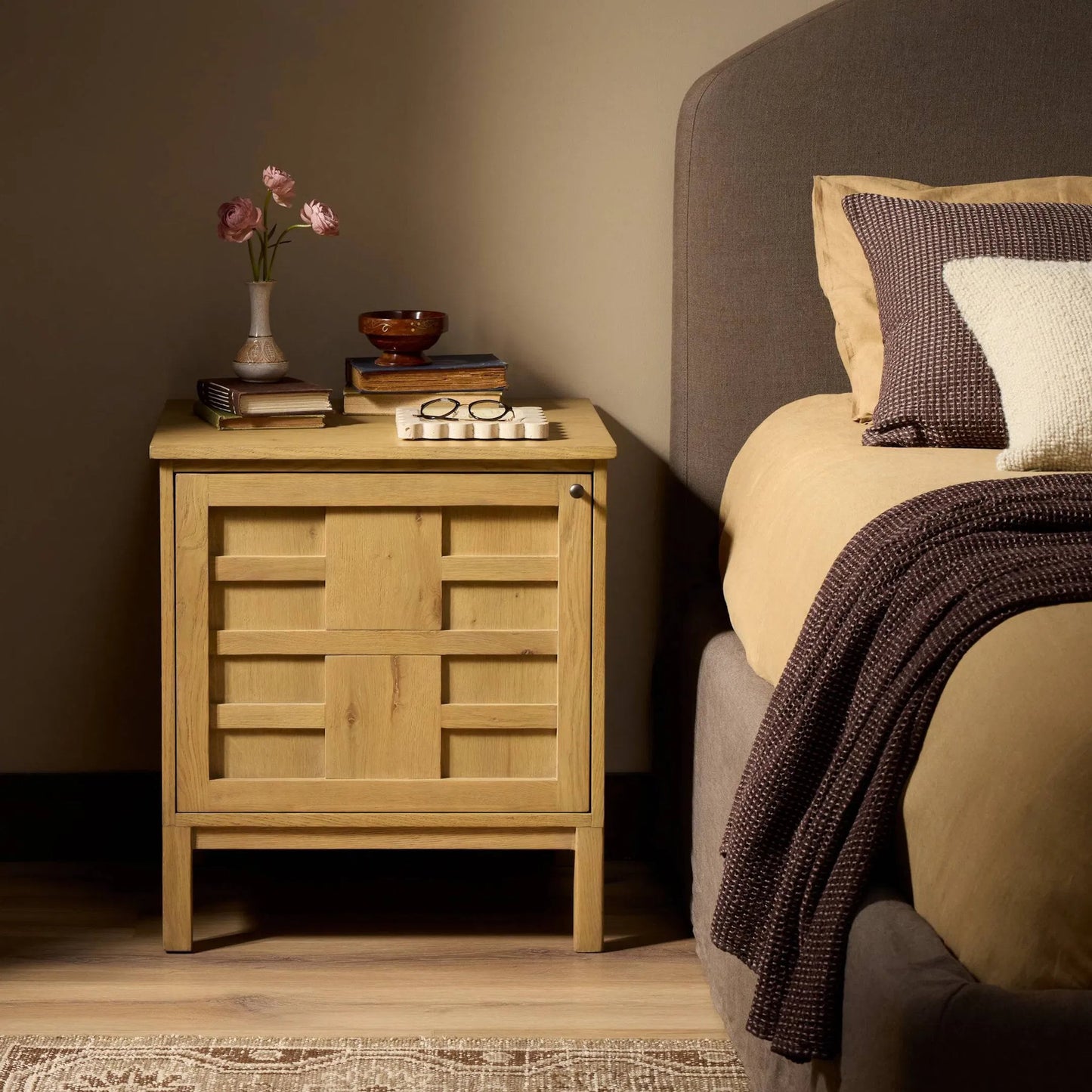 024 SI-2531569 | Lifestyle | Alessio Nightstand by Four Hands. Made from solid oak, thick oak veneer in a transitional style.