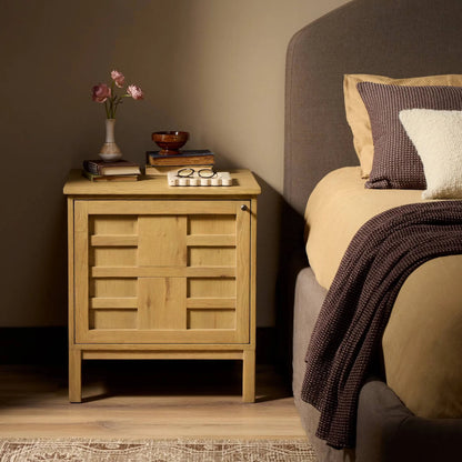 Alessio Nightstand by Four Hands. Made from solid oak, thick oak veneer in a transitional style.