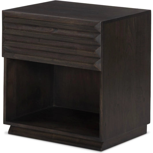 Tussac Nightstand by Four Hands in matte brown neem, carved matte brown neem. Made from solid neem wood in a unique style.