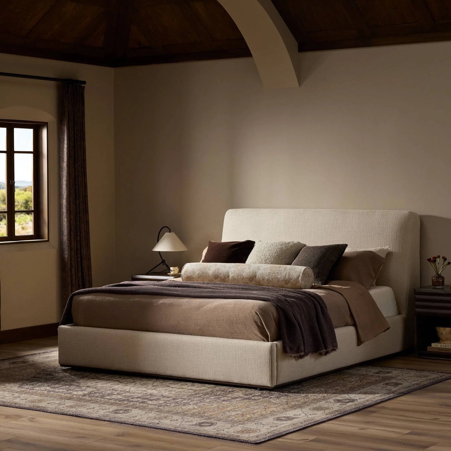 012 SI-2473227 | Lifestyle | Colt Platform Bed by Four Hands in irving flax, aged sienna. Made from 56% polyester, 44% acrylic, solid rosa morada in a transitional style.