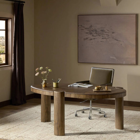 Kamira Desk by Four Hands in dark melina solid, dark spalted primavera, smoked oak veneer. Made from melina solid, thick primavera veneer, oak veneer in a unique style.