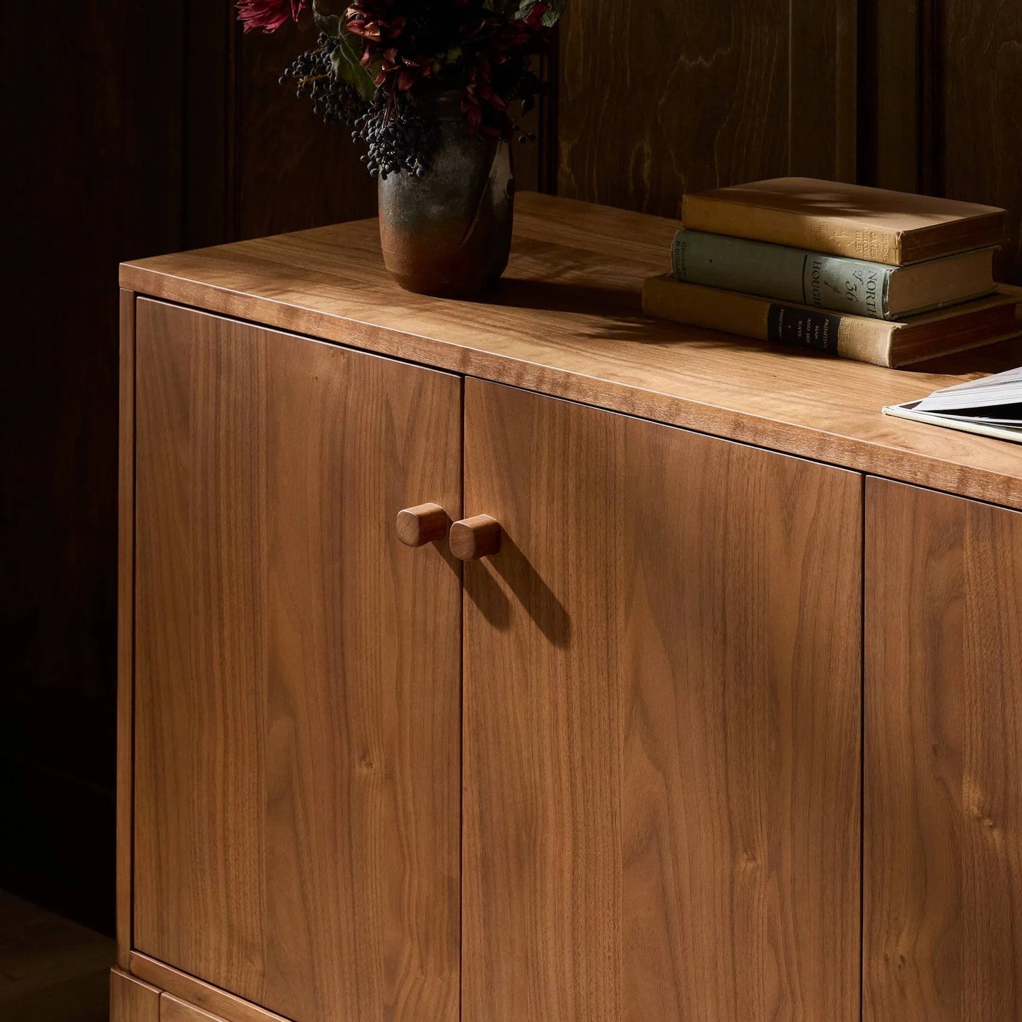 014 SI-2531577 | Closeup | Arturo 4 Door Sideboard by Four Hands in natural walnut, natural walnut veneer. Made from solid walnut, walnut veneer in a transitional style.
