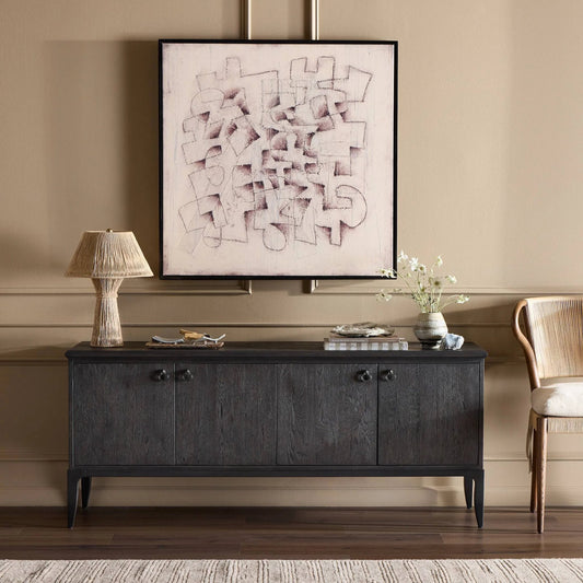 Alden Media Console by Four Hands in worn black oak veneer, mottled gunmetal. Made from thick oak veneer, solid oak, iron in a unique style.