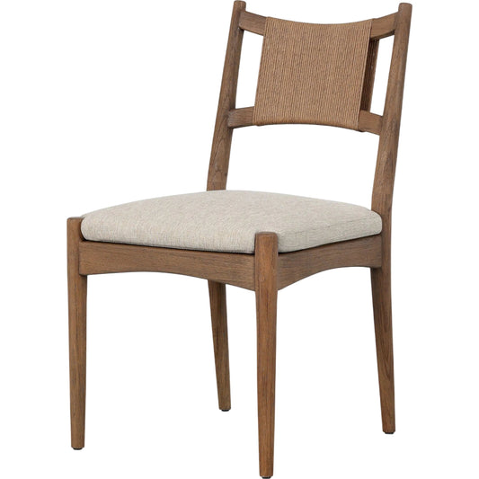 Haddon Outdoor Dining Chair by Four Hands in ellor beige, stained toasted brown-fsc, textured sand. Made from 100% olefin, solid fsc®-certified teak, 100% polyethylene in a unique style.