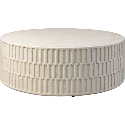 Callisto Outdoor Coffee Table by Four Hands in aged white concrete. Made from solid concrete in a unique style.