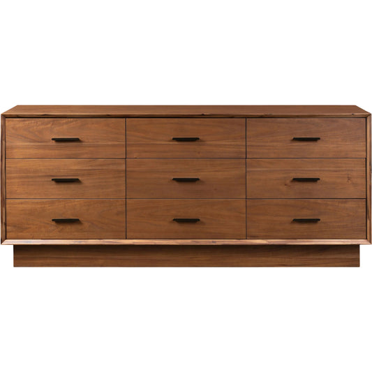 Lilas 9 Drawer Dresser by Four Hands in saddle tan veneer. Made from acacia veneer, solid acacia in a unique style.