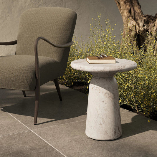 Cornelia Outdoor End Table by Four Hands in natural veined concrete. Made from solid concrete in a unique style.